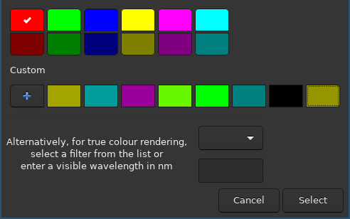 The color selector appears when clicking on a colored box from the RGB composition window