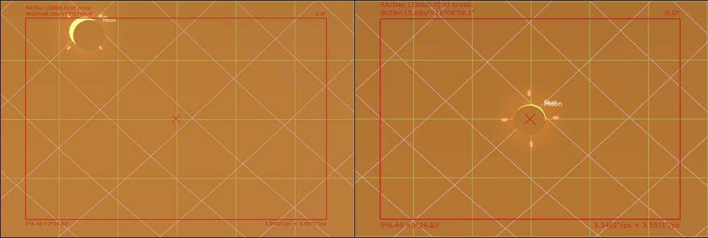 Position du soleil au début de la séquence (à gauche) et au maximum de l’éclipse (à droite)