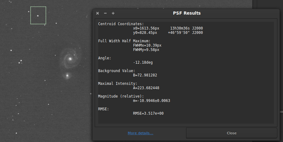 Dialog opened when running the PSF on a star.