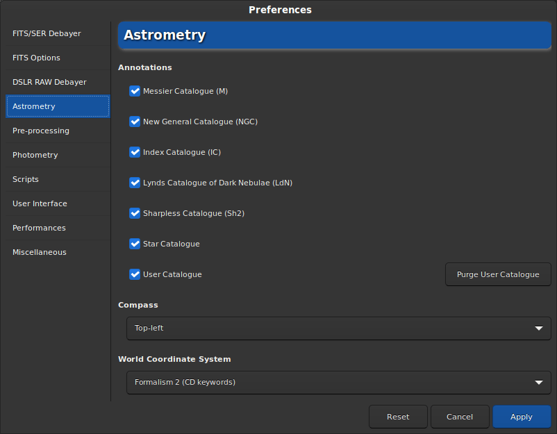 The preference astrometry menu has been expanded. It contains, among other things, a drop-down list for the position of the compass.