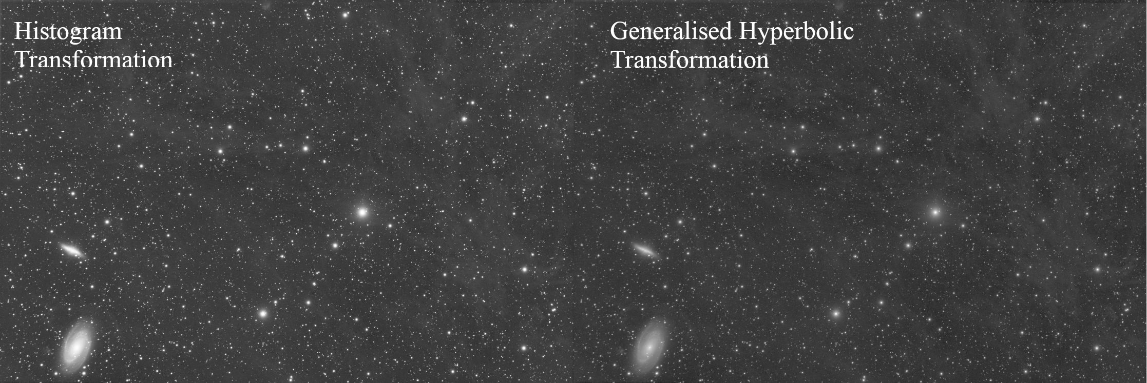 Example of the same image processed on one hand with the histogram transformation tool and on the other hand with the generalized hyperbolic transformation. Note that the latter preserves the size of the stars and the center of the galaxies. All the controls present in the dialog allow a fine adjustment of the image.