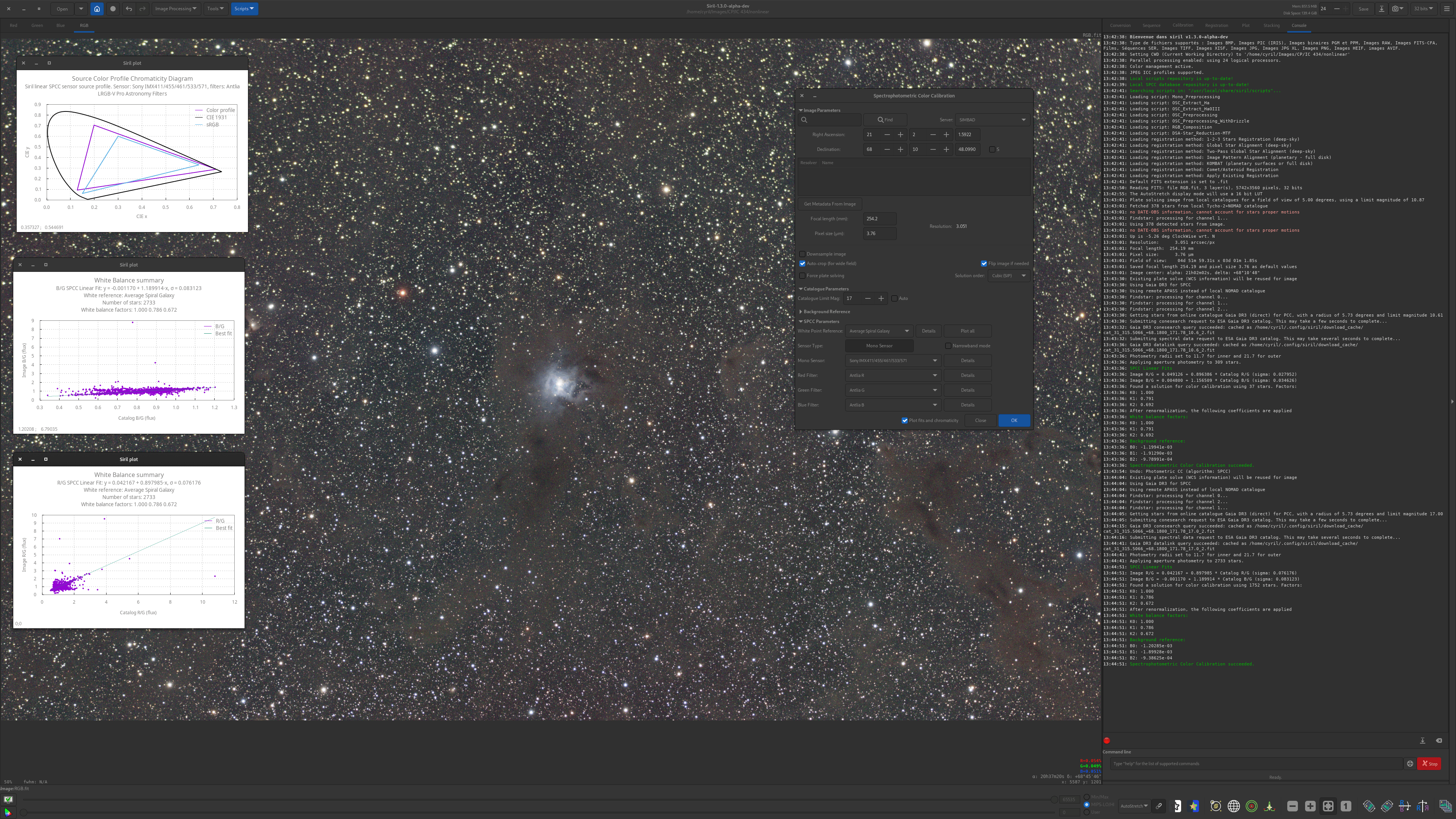 Example of use of the spectrophotometry color calibration tool, using stars up to magnitude 17.