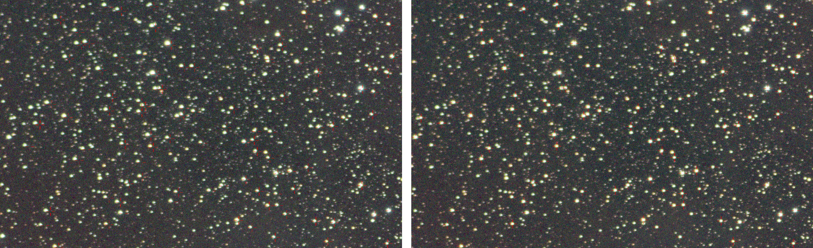 Comparison of linear plate solving on the left and cubic plate solving on the right. You can see that the stars in the catalog (red crosses) are pointed very precisely (click to enlarge).