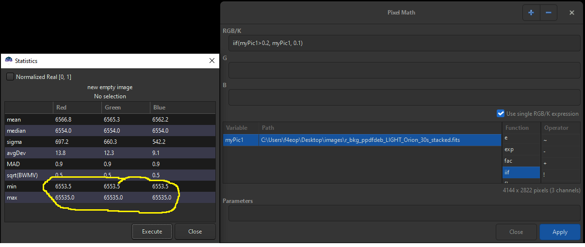 Statistics for RGB image myPic1.fits after PixelMath